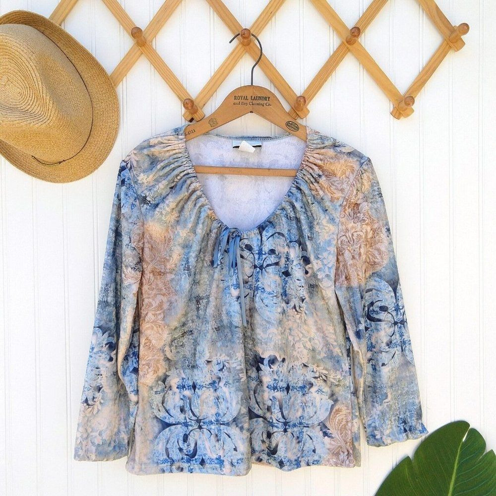 Vintage Y2K Velvet Cropped Top Size XL Ribbon Tie Neck 3/4 Sleeve Blue Print